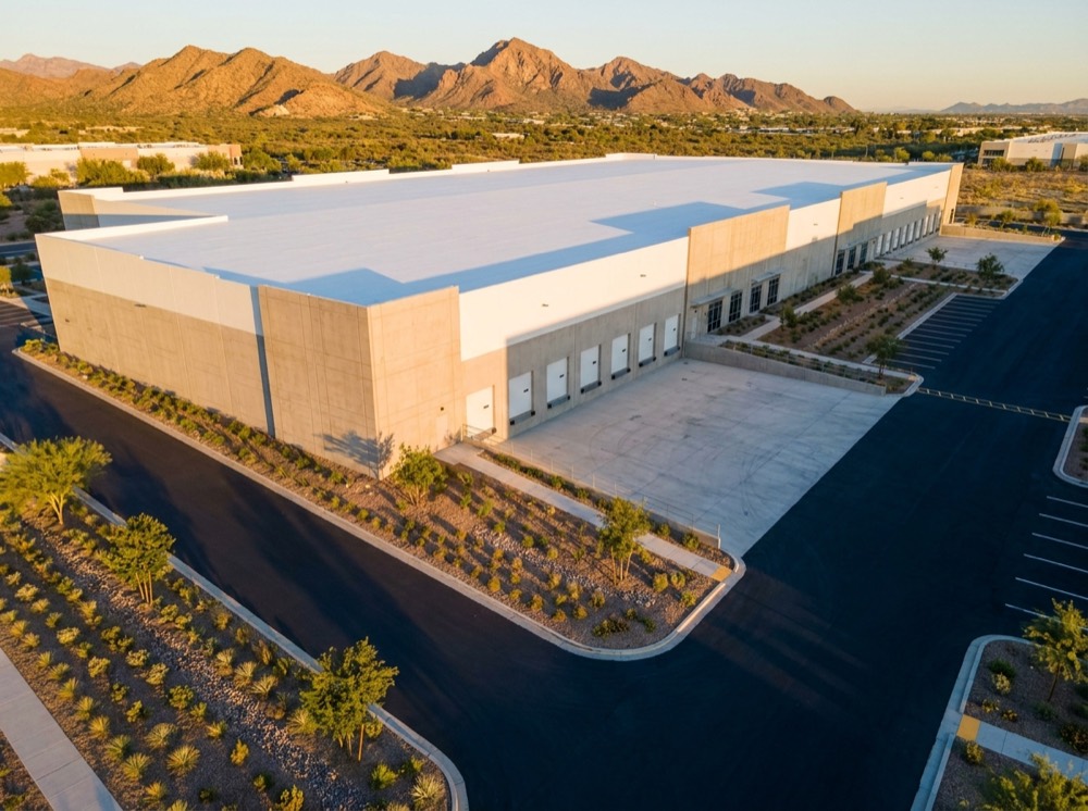 Aerial view of a modern desert distribution warehouse at golden hour