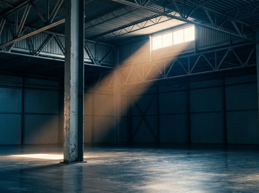 The structural interior of an empty warehouse with a shaft of daylight