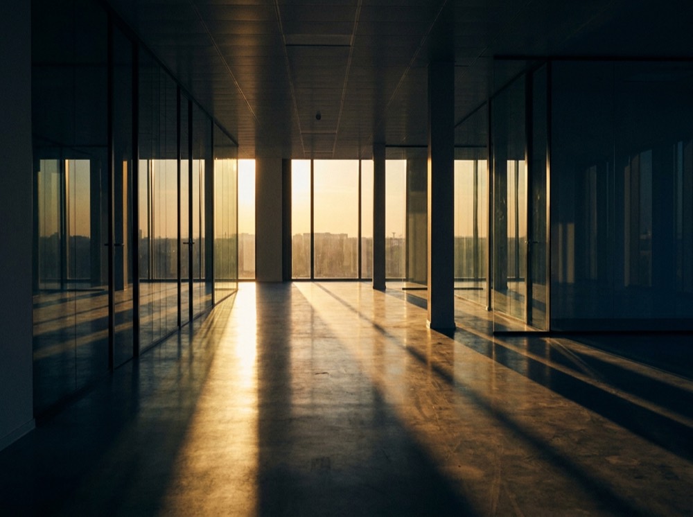 An empty modern office suite with glass partitions and evening light