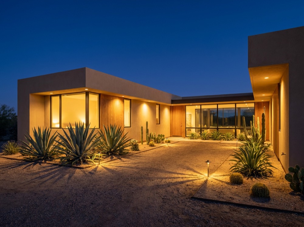 A single-story desert home lit from within at blue hour