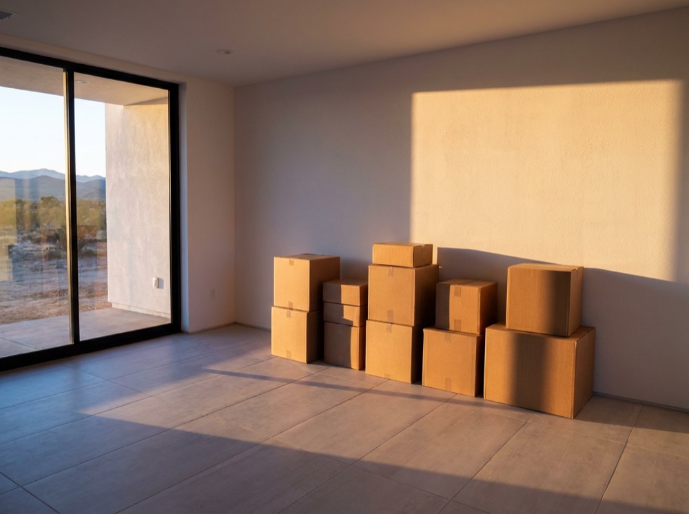 Moving boxes stacked in an empty sunlit living room