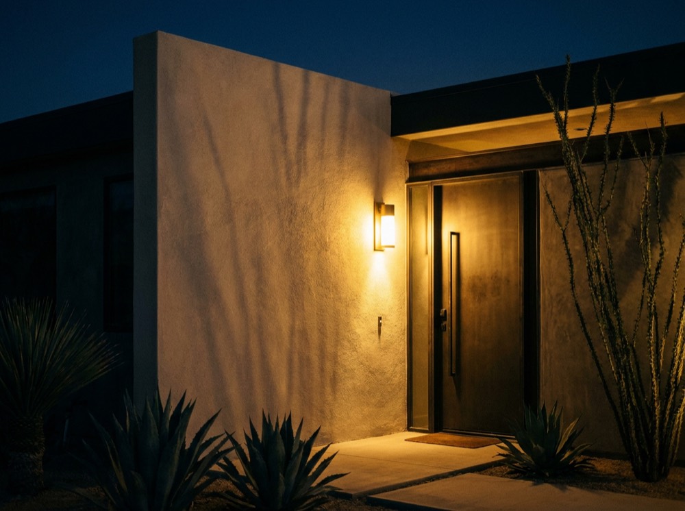 The lit front door of a desert home at dusk