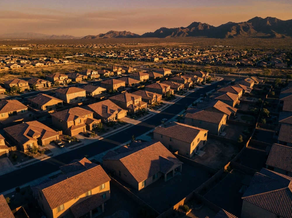 Aerial view of a Las Vegas valley neighborhood at golden hour