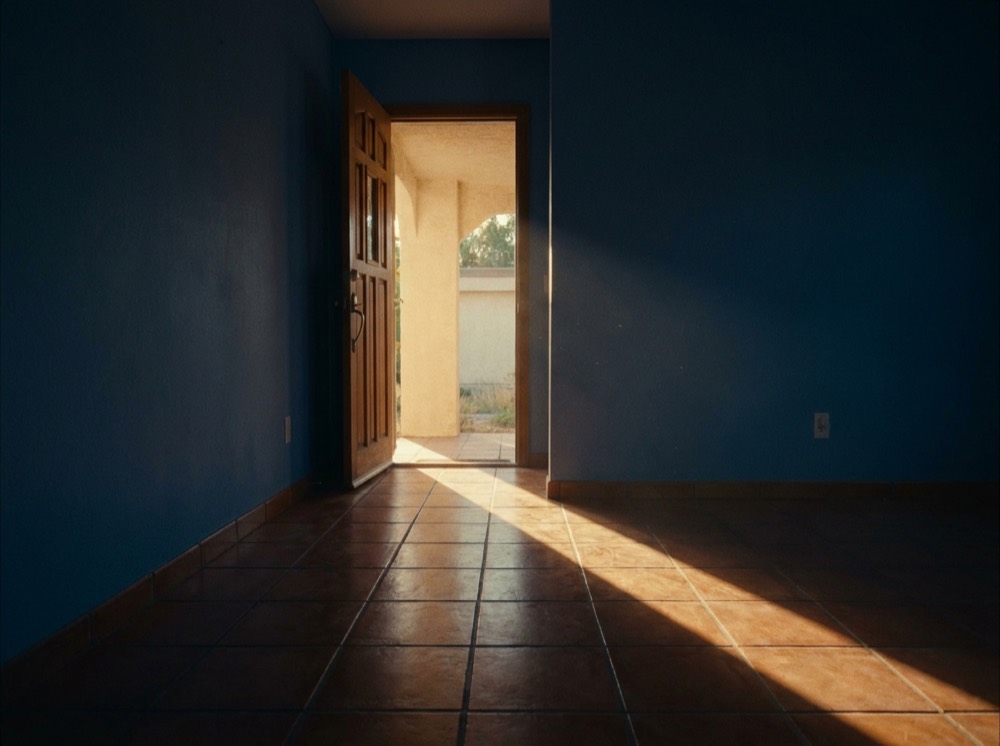 An open front door with daylight spilling across an empty entryway