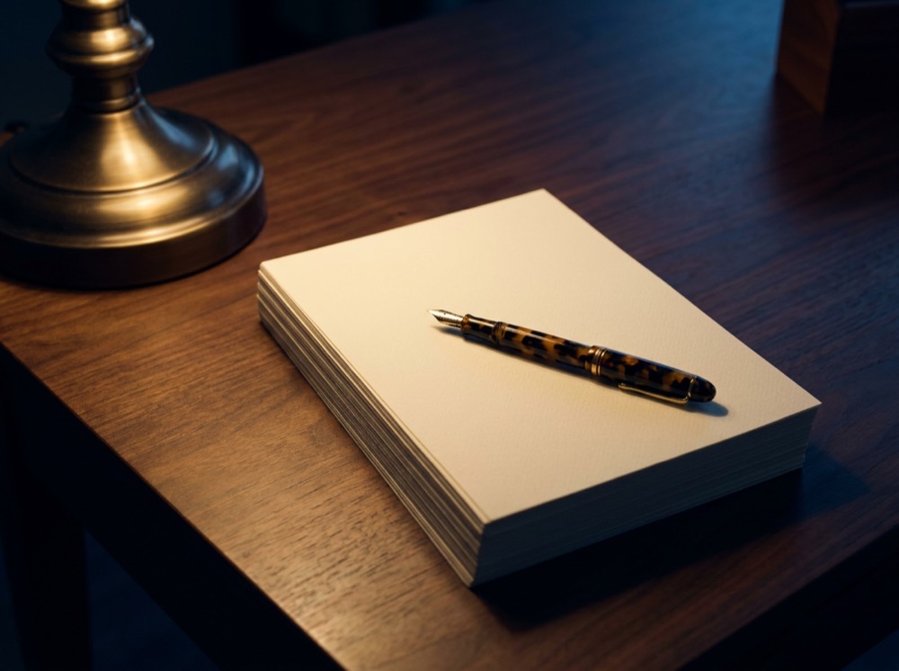 A pen resting on a stack of blank paper on a desk