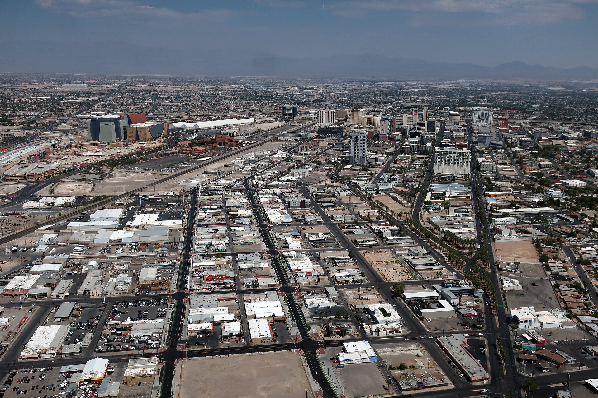 Aerial daytime view of downtown Las Vegas commercial and office buildings