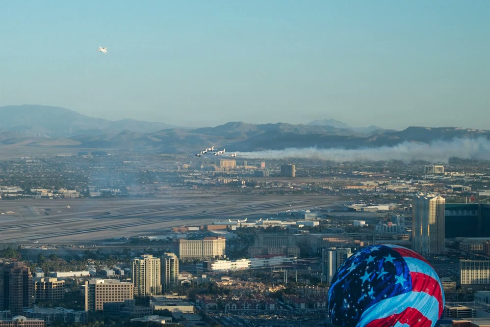 U.S. Air Force Thunderbirds delta formation flying over the Las Vegas Strip and airport during the June 27, 2026 America250 flyover