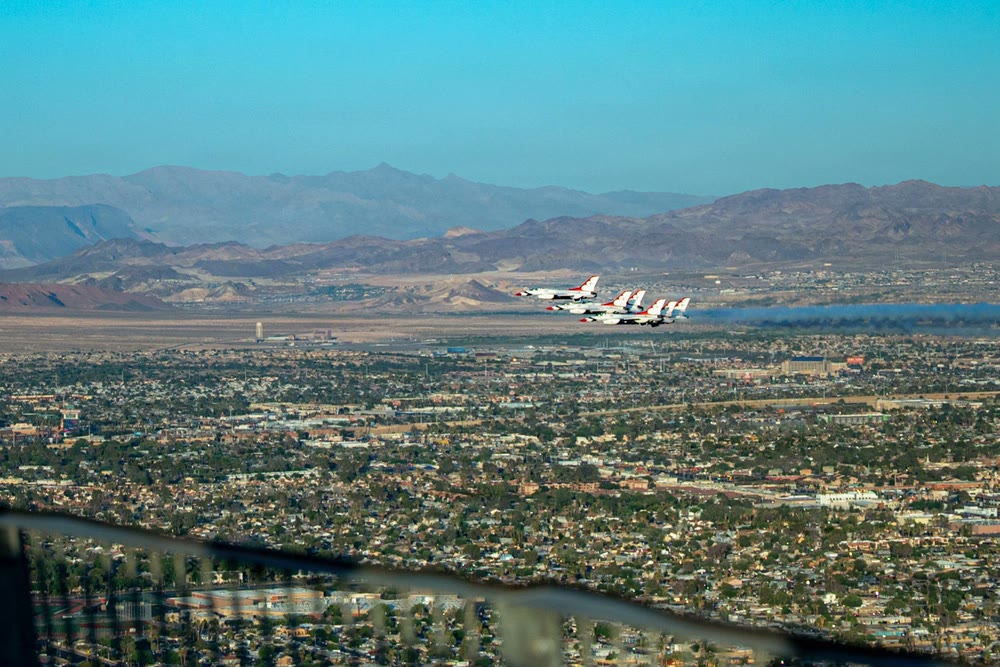 U.S. Air Force Thunderbirds six-jet formation flying over the south Las Vegas Valley during the America250 flyover